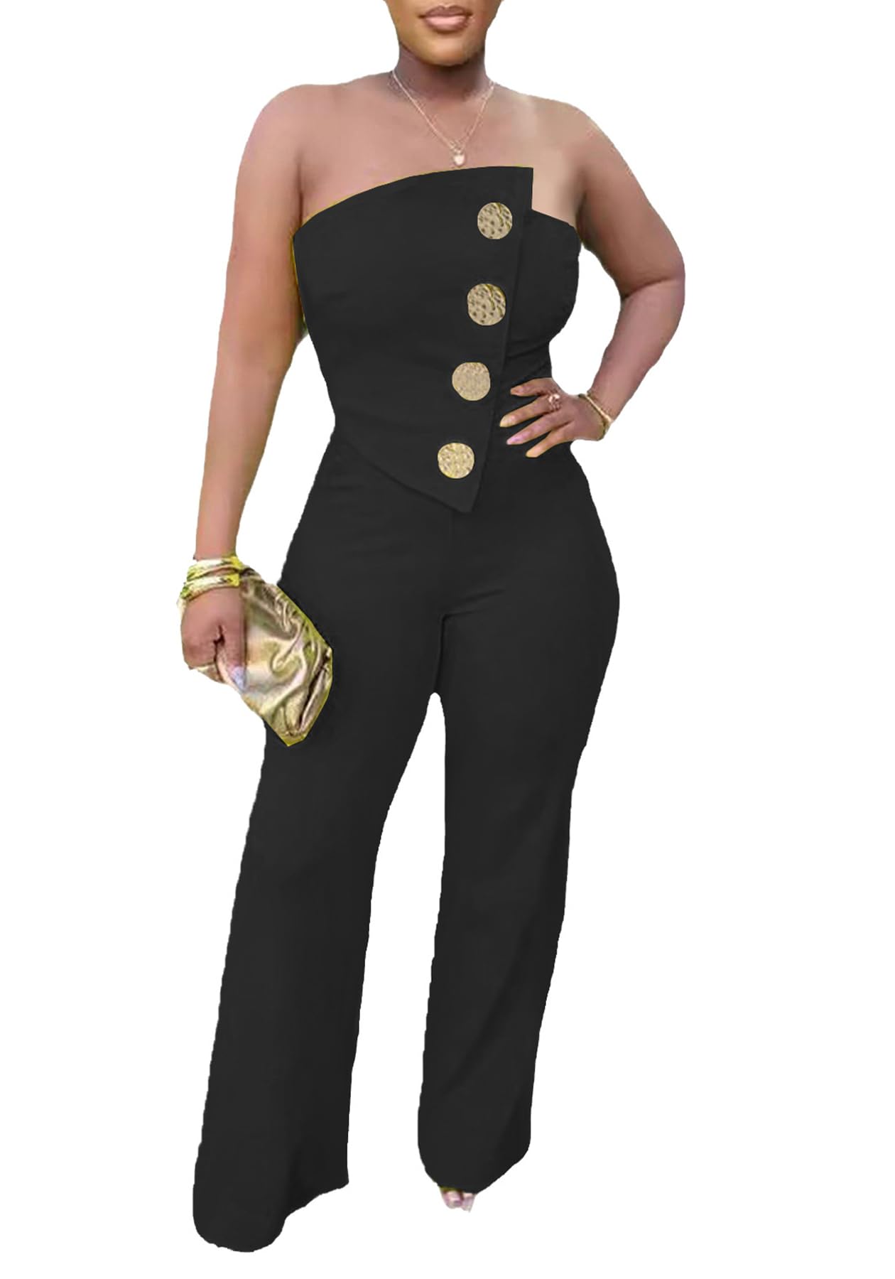 Tcremisa Women's Dressy Strapless Wide Leg Jumpsuit Sexy Tube Off Shoulder Romper Button Irregular One Piece Outfit