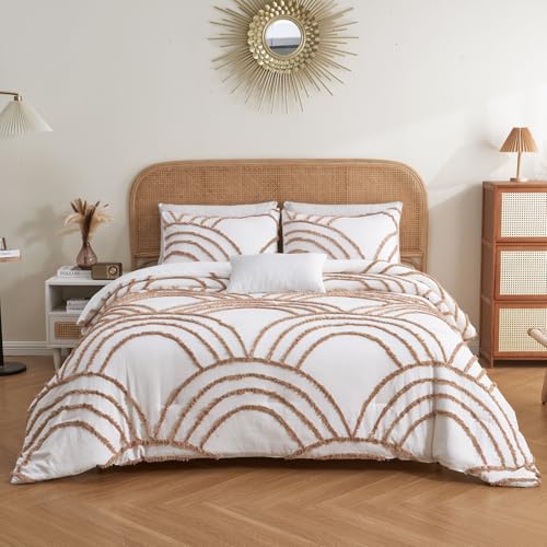 Image of ENJOHOS Boho Bedding Comforter Set Queen, 3 Pieces Tufted Rainbow Bedding Set for Queen Size Bed, Lightweight Fluffy Microfiber White and Orange Comforter for All Season