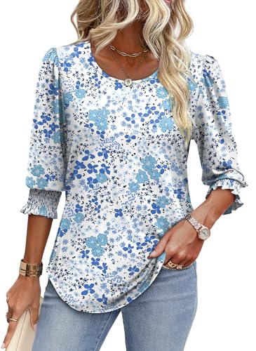 Image of XIEERDUO Blouses for Women Dressy Casual 3 /4 Length Sleeve Womens Tops with Smocked Cuffs