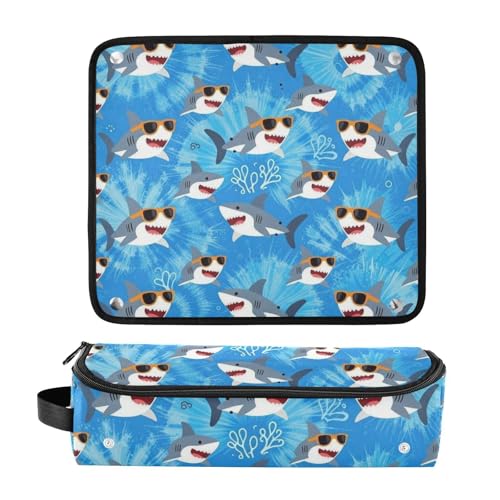 Bolsa de viaje para herramientas capilares con tapete resistente al calor para plancha y rizador, organizador portátil patrón tiburones con gafas de sol miniatura 3