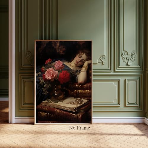 Taedfalesy Sleeping Woman Painting Renaissance Canvas Art Dark Academia Artwork Victorian Woman Poster Vintage Portrait Art Prints Moody Flower Wall Art Vintage Moody Woman Picture For Walls 16X24Inch No Frame thumb #1
