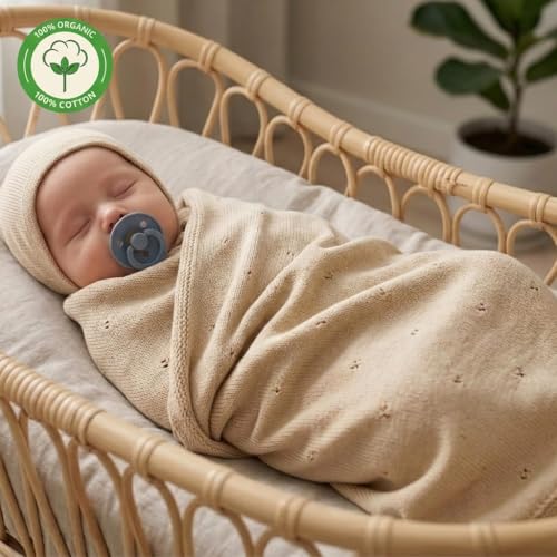 Image of 100% Organic Cotton Knit Receiving Baby Blanket for Newborns - Soft, Breathable Blanket for Crib & Stroller - Nursery Gift (Fog)