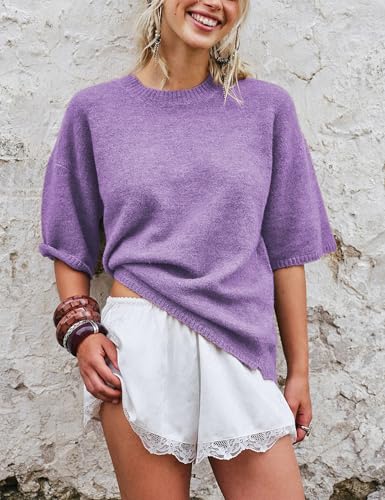 Yeokou Women Sweater Tee Casual Crewneck Short Sleeve Pullover Top Ribbed Knit Loose Shirt