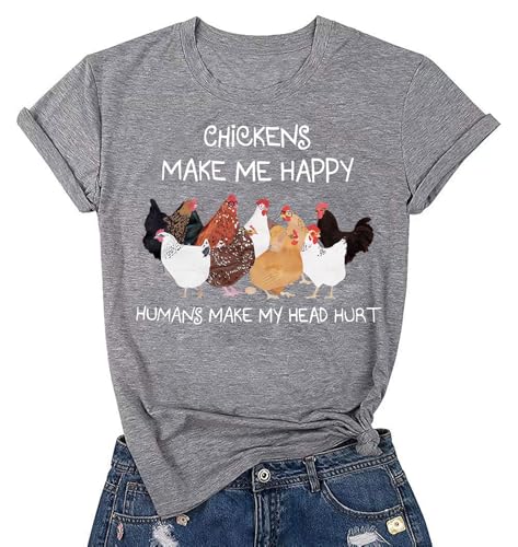 Chicken Shirts for Women Funny Mom Shirt Animal Graphic Tees Farm Country Short Sleeve Tops Light Grey