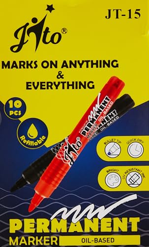 Image of JITO JT-15 Permanent Marker, Refillable, Bullet Tip 2.5 mm Line Width, Anti-Scrub Writing, Non Toxic Xylene Free 10 Units Per Pack, Ink Colour - Green