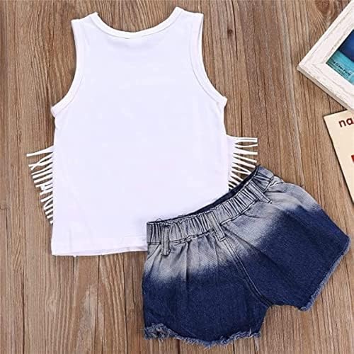 Toddler Baby Girls 4th of July Outfits Set Sleeveless Tassels Vest Tops+ Ripped Denim Shorts Summer Clothes4