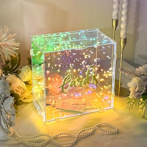 Image of OurWarm Iridescent Acrylic Wedding Card Box with String Light, DIY Gift Card Box for Wedding Reception, Wedding Envelope Money Card Boxes Holder for Party Graduation Baby Shower Birthday Decorations