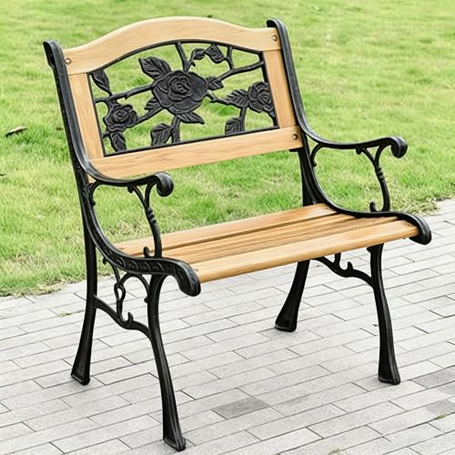 Banco de parque de hierro fundido y madera con diseño floral, asiento de jardín con reposabrazos para porche, patio y salón al aire libre, elegantes listones de madera, perfecto para parques