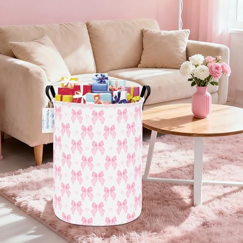 Image of Pink Bowknot Laundry Basket Canvas Fabric Collapsible Organizer Basket for Girls Room Storage Bin Toy Bins Gift Baskets Bedroom Clothes Hamper (Pink Bowknot)