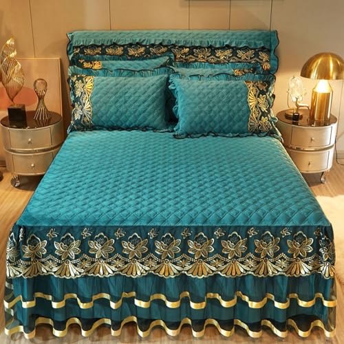 Daesar Conjunto Sabana Bajera y 2 Fundas de Almohada,Patrón de Encaje Bordado con Color Sólido Poliéster Sábana Bajera Ajustable Azul Verde,180 x 220 CM