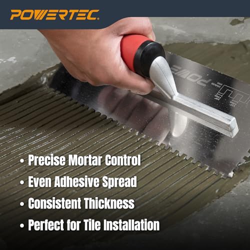 Image of POWERTEC Square Notch Trowel - 3 /16 inch x 3 /16 inch Stainless Steel Square-Notch Tile Trowel with Soft Grip Handle for Thinset Mortar, Mastic & Tile Installation Work (72206)