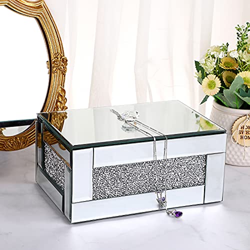 Hipiwe Glass Mirrored Jewelry Box With Crushed Diamond Decor, Trinket Organizer Box Luxury Rings Earrings Necklace Storage Keepsake Box Treasure Chest Case, Silver Large Size #TOP4