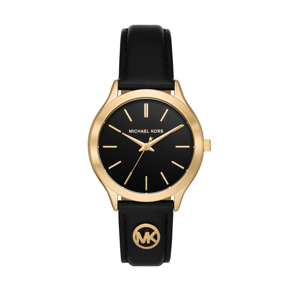 Michael Kors Ladies Slim Runway Black Leather Strap Watch MK7553
