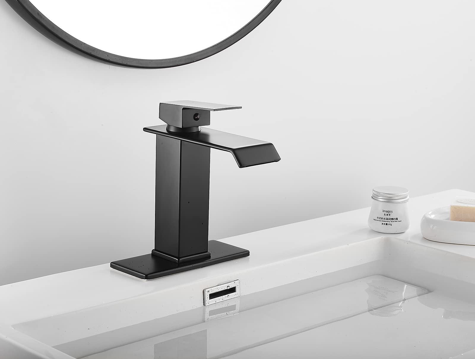 Grifo de baño Negro Tipo Cascada, Monomando, para Lavabo de baño, Mezclador para Lavabo de tocador, Montaje en encimera con desagüe, para Uso Comercial.