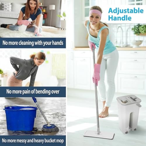 Image of Mop Heavy Quality Floor Mop with Bucket, Flexible Kitchen tap Flat Squeeze Cleaning Supplies 360 Flexible Head /2 Reusable Pads Clean Home Floor Cleaners