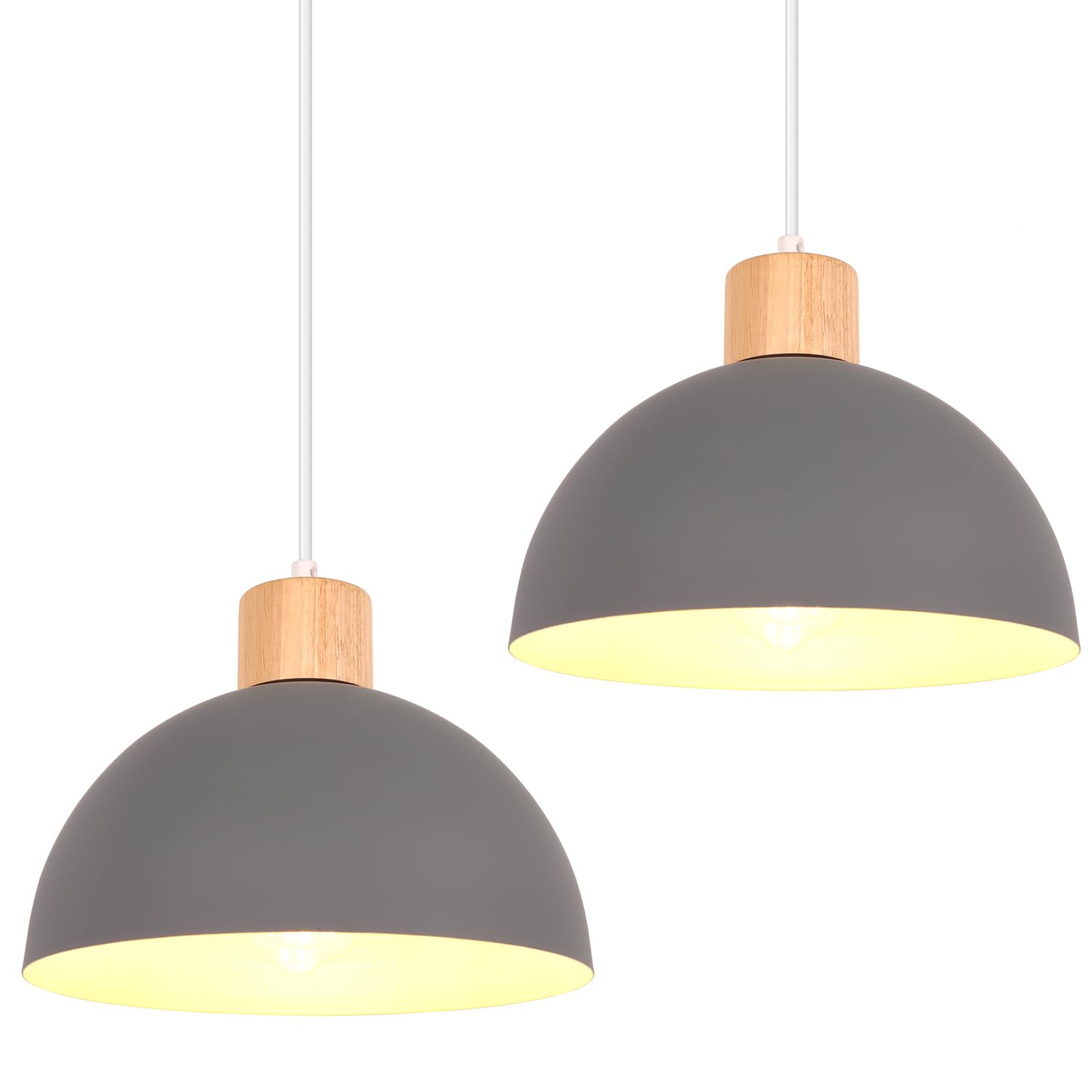 iDEGU 2 Stück Hängelampen Retro E27 LED Hängeleuchte Moderne Skandinavisch Deckenleuchte aus Metall Holz Pendelleuchte für Schlafzimmer Esszimmer Küche Restaurant (25cm, Grau, 2 Lampen)