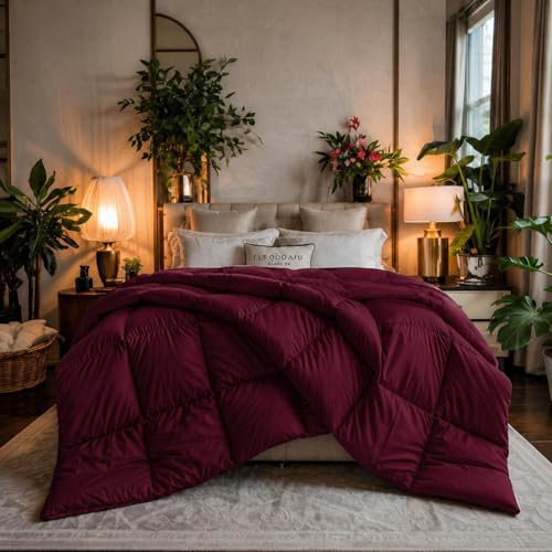 Image of Luxury Hotel Collection Cotton Comforter | All-Season Lightweight Quilt for Hot Sleepers | Plush, Breathable & Box-Stitched (Queen) Burgundy,