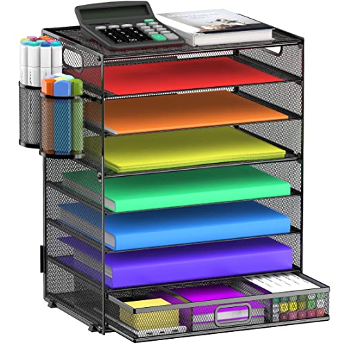 8 Tier Paper Letter Tray Organizer (Black-with Drawer, Pen Holders)