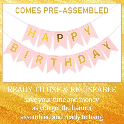Image of Pink Happy Birthday Banner - 16 ft Pre-Strung Gold & Pink Birthday Party Decorations Sign for Girls, Boys, Kids, Women - No DIY Hanging Backdrop for Indoor & Outdoor Celebrations
