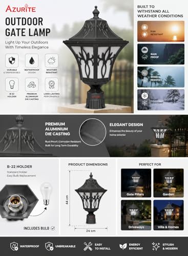 Image of Azurite Outdoor Aluminium dai Casting gate lamp Waterproof Unbreakable B-22 Holder, Exterior Beautiful Grey Outdoor Poles & Piller gate lamp (Include Bulb) (Pack of 1)