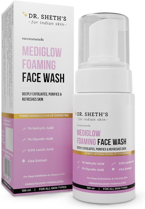 Mediglow AHA-BHA Foaming Face Wash For Glowing Skin | Deeply Cleanses, Exfoliates & Unclogs Pores |1% Salicylic Acid, 0.5% Lactic Acid | All Skin Types |For Women & Men|100 mL