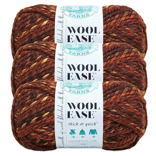 Image of Lion Brand Yarn Wool-Ease Thick and Quick Yarn, Soft and Bulky Yarn for Knitting, Crocheting, and Crafting, 3 Pack, Sequoia | Super Bulky Wool Acrylic Blend Fiber for Soft Hats, Sweaters, Chunky Blankets, Yarn for Crochet, Knitting, Crafts, Weaving