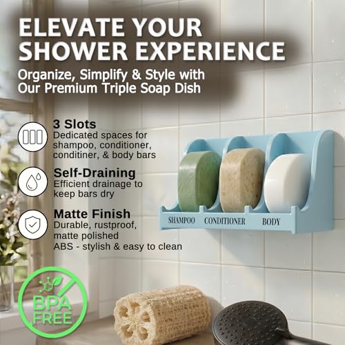 Image of Soap Holder for Shower Wall, 3-Compartment Soap Dish [Patent Pending] | For Shampoo, Conditioner and Body Soap, Fast Draining & Rust-Proof, Strong Adhesive for Long-Term Bathroom Use & Freestanding
