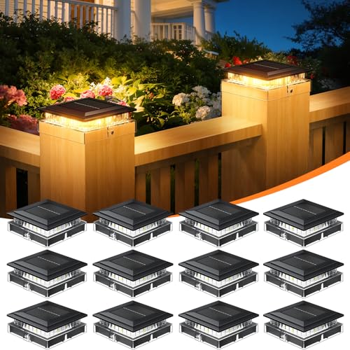 ENSLI 12 Pack 4x4 Solar Post Cap Lights Outdoor, Fence Post Solar Lights with Warm Light Mode, Waterproof Fence Deck Post Lights Solar Powered Fits 4x4 3.5x3.5 Vinyl Wooden Posts for Patio Porch
