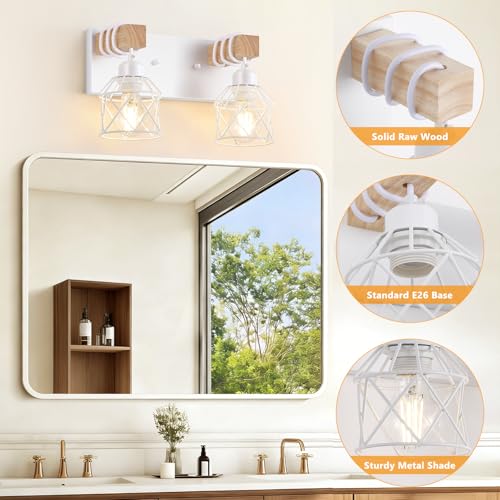 Image of FadimiKoo 2-Light White Bathroom Light Fixtures, Wood Bathroom Vanity Lighting Fixtures Over Mirror, Rustic Sconces Wall Lighting with Elegant Metal Lampshade for Living Room, Bedroom, Hallway