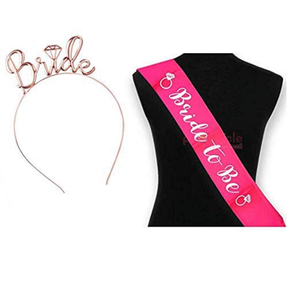 Propsicle Bride To Be Sash + Crown Combo - Bridal Shower Party Decoration for Bachelorette - Pack of 2 (Pink Sash and Rose Gold Tiara)