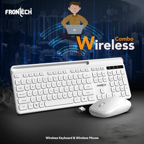 Frontech Wireless Keyboard & Mouse Combo Set | 2.4GHz USB Connectivity | 104 Keys | 3 Buttons | 1200 DPI Mouse | Compatible with PC/Laptop/Mac (KB-0030, White) Frontech Wireless Keyboard & Mouse Combo Set | 2.4GHz USB Connectivity | 104 Keys | 3 Buttons | 1200 DPI Mouse | Compatible with PC/Laptop/Mac (KB-0030, White)