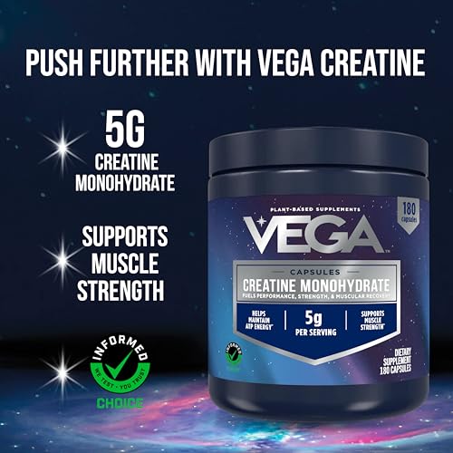 Image of Vega Creatine Monohydrate Capsules, 5g Micronized Creatine Powder per Serving, for Lean Muscle, Support Cognitive Function, Pure, Unflavored, Sugar Free, 180 Pills (30 Servings)