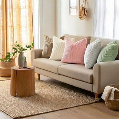 Image of Mecatny Corduroy Fall Decorative Throw Pillow Covers 26x26 Set of 2 for Sofa Living Room, Soft Neutral Boho Couch Pillow Covers for Home Decor, Cream White