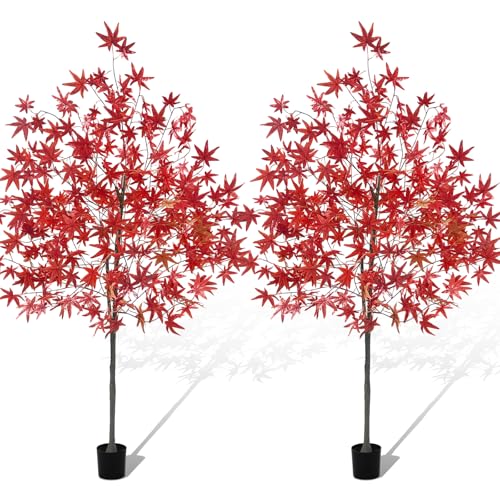 Lunmon Dark Red 6.6FT Faux Maple Fall Tree, Thanksgiving Fall Decorations for Home, Artificial Maple Autumn Tree with Potted Base for Indoor Outdoor Porch Halloween Thanksgiving Decor (2 Pack)