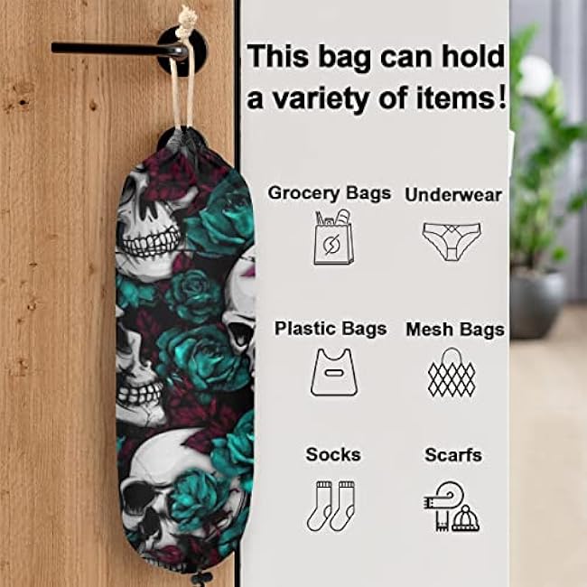 Skull Flower Gothic Style Plastic Bag Holder Cute Wall Mount Plastic Bag Organizer Reusable Large Grocery Bag Storage Dispenser for Home Kitchen Travelling 22x9