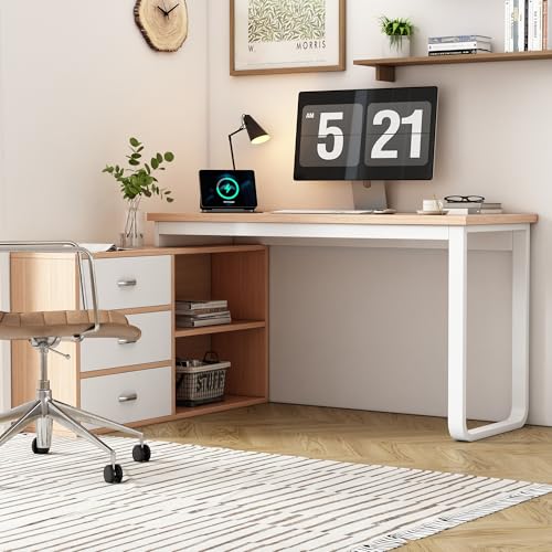 VS VanShine Escritorio, escritorio con cajones, escritorio de esquina, escritorio de ordenador, 3 cajones, 2 estantes abiertos, tubo de acero macizo, capacidad de carga estable, 147 × 100 × 75,3 cm