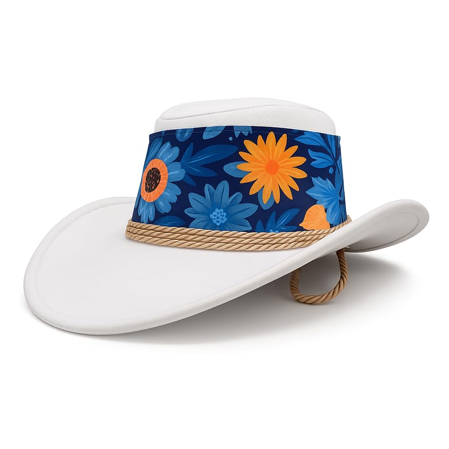 Cowboy Hat White Yellow Flowers Sun Cap Faux Felt Leather Suede Fancy Dress Party Costume Cowgirl Outfit Western Travel Outdoor Sun Protection Mens Womens