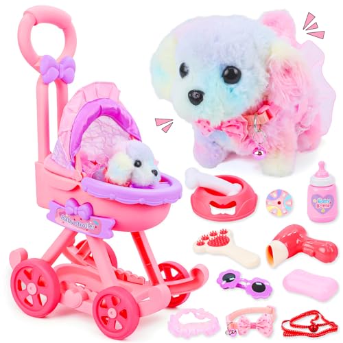 Learn2M 13Pcs Dog Toys for Kids Girls, Pretend Puppy Stroller Playset for Toddler, Electronic Interactive Walking Barking Dog Toy, Pet Care & Feeding Accessories Birthday Gifts for Little Girl 3 4 5 6