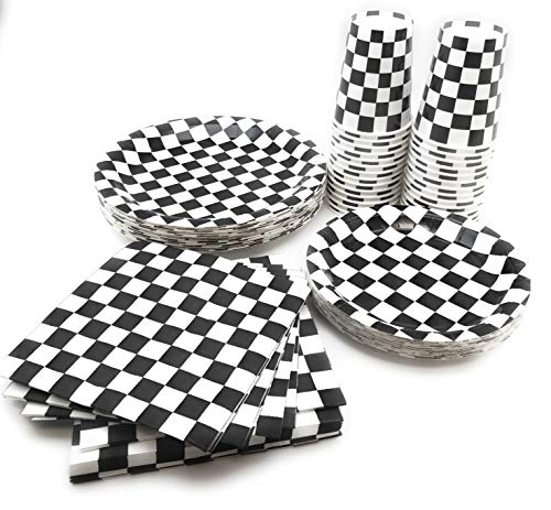 Oojami Serves 30 Complete Party Pack Black And White Checkered 9" Dinner Paper Plates 7" Dessert Paper Plates 9 Oz Cups 3 Ply Napkins Race Car Party Theme #TOP2