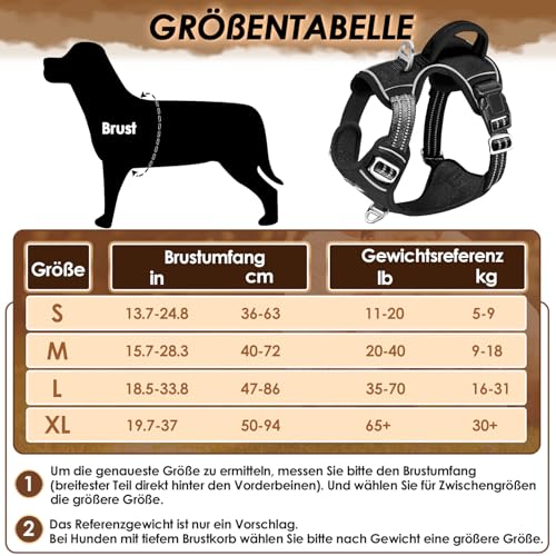 Eyein Hundegeschirr für Große Hunde, Anti Zug Brustgeschirr mit 2 Leinenclips und leicht zu bedienendem Griff, Verstellbare und reflektierende Gepolstert Geschirr für tägliches Training (Schwarz, L)
