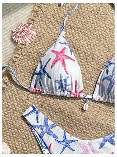 MakeMeChic Women's Polka Dots Triangle Thong Bikini Sets Floral Cute Bathing Suit Swimsuits Star Pink Blue Small - Thumbnail 4
