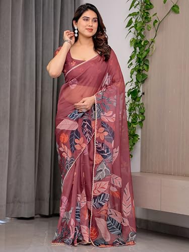 Image of ALMAARI FASHIONWomen's Floral Printed Organza Saree with Unstitched Blouse Piece | Traditional Ethnic Wear Sarees | Soft Lightweight Ethnic Office Wear Daily Wear Indian Sari (ORGANZA 121-130 H)