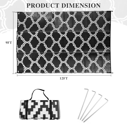 RUN.SE RUN.SE Outdoor Rug 9x12 ft Waterproof Patio Mat, Reversible Outside Mats Outdoor Carpet RV Camping Rugs Plastic Straw Rug Outdoor Area Rug for(Black and White line) - Image 3