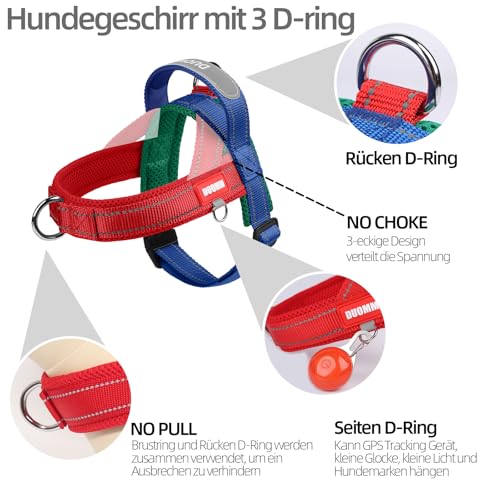 LiebeDD Hundegeschirr mit Leine für Mittelgroße Kleine Hunde Welpen, Bunt Farbblock Geschirr, Mesh Gepolstert Brustgeschirr Hund mit Griff und Brustring, Reflektierend & Leicht, RotBlau, S