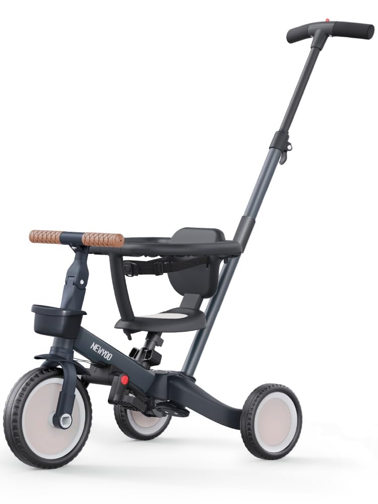 newyoo Tricycle Draisienne 5 en 1, Tricycle Bébé Évolutif 1-3 Ans avec Barre Poussée, Vélo Enfant, Guidon Réglable, Barres Sécurité, Jouet à Chevaucher, Cadeau Anniversaire, TR008, Gris Anthracite