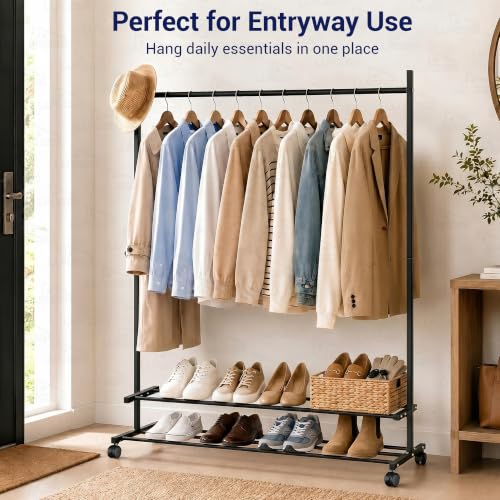 Image of Lukzer Single Rod Metal Garment Rack with Wheels & 2 Bottom Shelves, Portable Clothes Stand /Coat Hanger Rack with Shoe Storage for Bedroom, Entryway & Open Wardrobe (Black /109x34x162 cm)