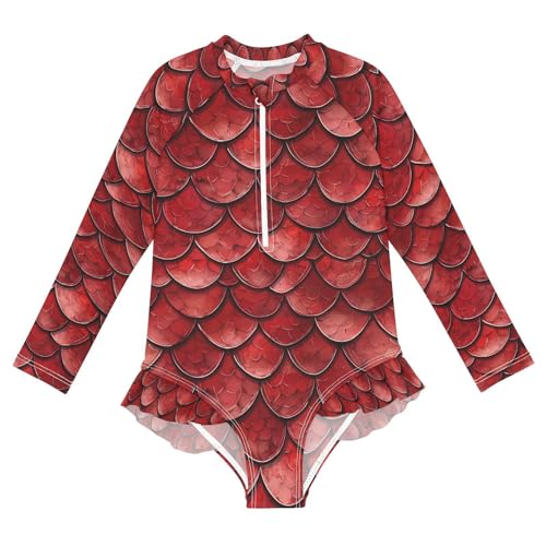 ALAZA Red Dragon Scale Animal Girls One Piece Swimsuit Long Sleeve Rashguard Swimsuit UV 50+ Swimwear Zip