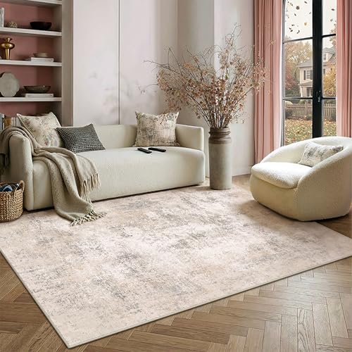 PureCozy Alfombra abstracta de pelo corto beige 120 x 180 cm moderna alfombra de salón lavable antideslizante minimalista alfombra para salón, dormitorio, oficina, área de decoración de interiores