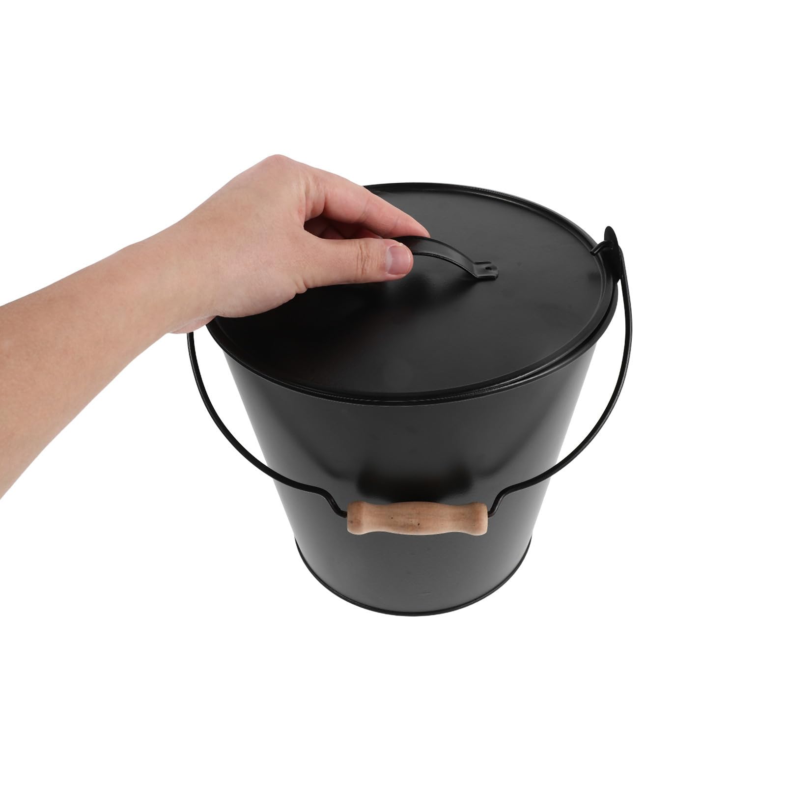 Hemobllo Cubo de Metal Negro para Cenizas con Tapa Segura y Asa de Madera, Adecuado para Estufas de Leña y Quemadores de Interior, para Recolectar Cenizas