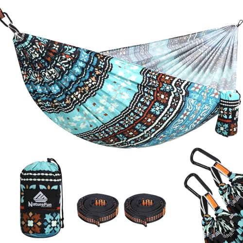 NATUREFUN Hamaca Ultraligera para Camping (275x140 cm) | 300 kg de Capacidad de Carga | Transpirable y de Secado rápido Hamaca | 2 Hierro Mosquetones, 2 Eslingas Incluidas | Interior Exterior Jardín